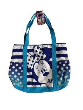 NWT! Disney Minnie Mouse blue striped/white polka dot canvas tote bag